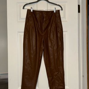 Pleated Hi Rise Vegan Leather Pants w Pockets